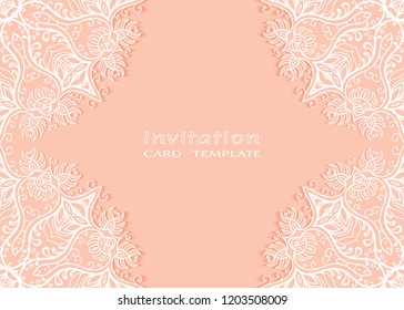 Invitation or Card template with lace mandala border, cutout paper frame element. Decorative openwork filigree art background for Wedding, Valentine's day greeting cards, Birthday Invitations
