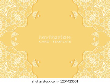 Invitation or Card template with lace mandala border, cutout paper frame element. Decorative openwork filigree art background for Wedding, Valentine's day greeting cards, Birthday Invitations