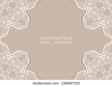 Invitation or Card template with lace mandala border, cutout paper frame element. Decorative openwork filigree art background for Wedding, Valentine's day greeting cards, Birthday Invitations