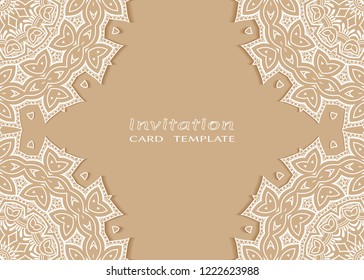 Invitation or Card template with lace mandala border, cutout paper frame element. Decorative openwork filigree art background for Wedding, Valentine's day greeting cards, Birthday Invitations