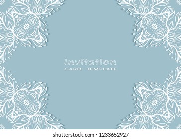 Invitation or Card template with lace mandala border, cutout paper frame element. Decorative openwork filigree art background for Wedding, Valentine's day greeting cards, Birthday Invitations