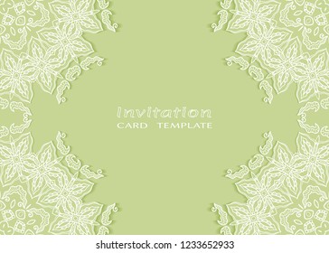 Invitation or Card template with lace mandala border, cutout paper frame element. Decorative openwork filigree art background for Wedding, Valentine's day greeting cards, Birthday Invitations
