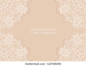 Invitation or Card template with lace mandala border, cutout paper frame element. Decorative openwork filigree art background for Wedding, Valentine's day greeting cards, Birthday Invitations