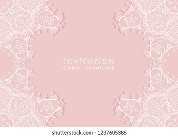 Invitation or Card template with lace mandala border, cutout paper frame element. Decorative openwork filigree art background for Wedding, Valentine's day greeting cards, Birthday Invitations