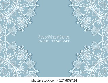 Invitation or Card template with lace mandala border, cutout paper frame element. Decorative openwork filigree art background for Wedding, Valentine's day greeting cards, Birthday Invitations