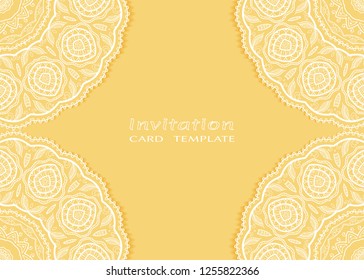 Invitation or Card template with lace mandala border, cutout paper frame element. Decorative openwork filigree art background for Wedding, Valentine's day greeting cards, Birthday Invitations
