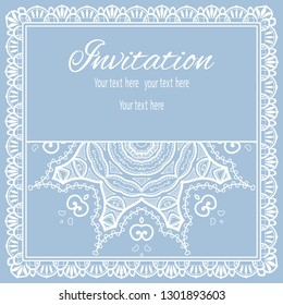 Invitation or Card template with lace mandala border, cutout paper frame element. Decorative openwork filigree art background for Wedding, Valentine's day greeting cards, Birthday Invitations