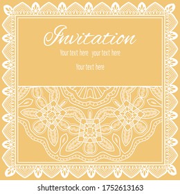 Invitation or Card template with lace mandala border, cutout paper frame element. Decorative openwork filigree art background for Wedding, Valentine's day greeting cards, Birthday Invitations