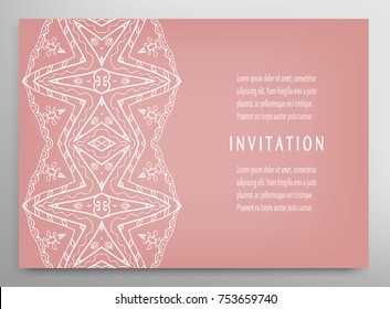 Invitation or Card template with lace mandala border, frame element. Decorative openwork filigree art background for Wedding, Valentine's day greeting cards, Birthday Invitations