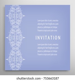 Invitation or Card template with lace mandala border, frame element. Decorative openwork filigree art background for Wedding, Valentine's day greeting cards, Birthday Invitations
