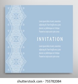 Invitation or Card template with lace mandala border, frame element. Decorative openwork filigree art background for Wedding, Valentine's day greeting cards, Birthday Invitations