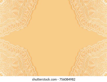 Invitation or Card template with lace mandala border, frame element. Decorative openwork filigree art background for Wedding, Valentine's day greeting cards, Birthday Invitations