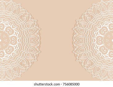 Invitation or Card template with lace mandala border, frame element. Decorative openwork filigree art background for Wedding, Valentine's day greeting cards, Birthday Invitations