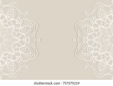Invitation or Card template with lace mandala border, frame element. Decorative openwork filigree art background for Wedding, Valentine's day greeting cards, Birthday Invitations