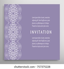 Invitation or Card template with lace mandala border, frame element. Decorative openwork filigree art background for Wedding, Valentine's day greeting cards, Birthday Invitations