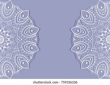 Invitation or Card template with lace mandala border, frame element. Decorative openwork filigree art background for Wedding, Valentine's day greeting cards, Birthday Invitations