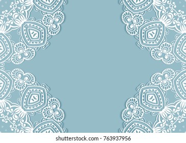 Invitation or Card template with lace mandala border, frame element. Decorative openwork filigree art background for Wedding, Valentine's day greeting cards, Birthday Invitations