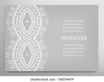 Invitation or Card template with lace mandala border, frame element. Decorative openwork filigree art background for Wedding, Valentine's day greeting cards, Birthday Invitations