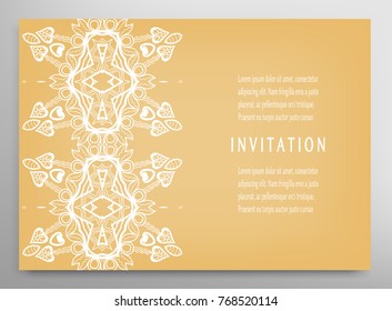 Invitation or Card template with lace mandala border, frame element. Decorative openwork filigree art background for Wedding, Valentine's day greeting cards, Birthday Invitations