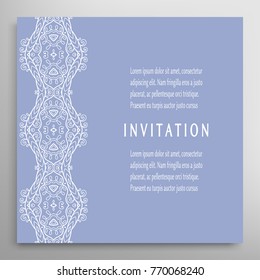 Invitation or Card template with lace mandala border, frame element. Decorative openwork filigree art background for Wedding, Valentine's day greeting cards, Birthday Invitations