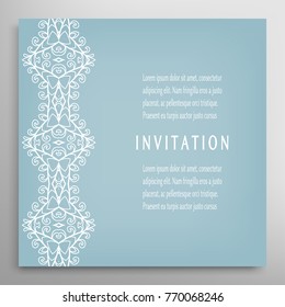 Invitation or Card template with lace mandala border, frame element. Decorative openwork filigree art background for Wedding, Valentine's day greeting cards, Birthday Invitations