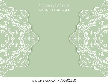 Invitation or Card template with lace mandala border, frame element. Decorative openwork filigree art background for Wedding, Valentine's day greeting cards, Birthday Invitations