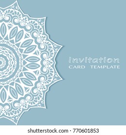 Invitation or Card template with lace mandala border, frame element. Decorative openwork filigree art background for Wedding, Valentine's day greeting cards, Birthday Invitations