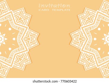 Invitation or Card template with lace mandala border, frame element. Decorative openwork filigree art background for Wedding, Valentine's day greeting cards, Birthday Invitations