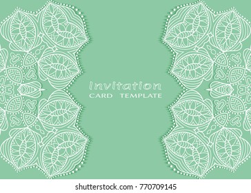 Invitation or Card template with lace mandala border, cutout paper frame element. Decorative openwork filigree art background for Wedding, Valentine's day greeting cards, Birthday Invitations