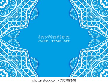 Invitation or Card template with lace mandala border, cutout paper frame element. Decorative openwork filigree art background for Wedding, Valentine's day greeting cards, Birthday Invitations
