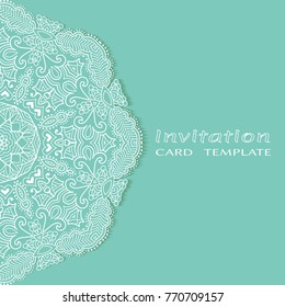 Invitation or Card template with lace mandala border, cutout paper frame element. Decorative openwork filigree art background for Wedding, Valentine's day greeting cards, Birthday Invitations