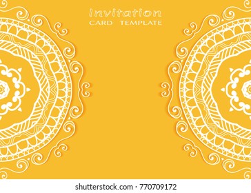 Invitation or Card template with lace mandala border, cutout paper frame element. Decorative openwork filigree art background for Wedding, Valentine's day greeting cards, Birthday Invitations