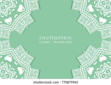 Invitation or Card template with lace mandala border, cutout paper frame element. Decorative openwork filigree art background for Wedding, Valentine's day greeting cards, Birthday Invitations
