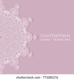 Invitation or Card template with lace mandala border, cutout paper frame element. Decorative openwork filigree art background for Wedding, Valentine's day greeting cards, Birthday Invitations