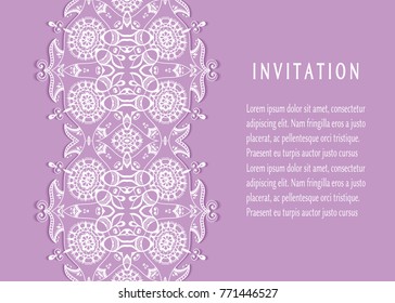 Invitation or Card template with lace mandala border, cutout paper frame element. Decorative openwork filigree art background for Wedding, Valentine's day greeting cards, Birthday Invitations