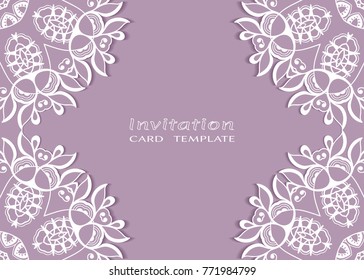 Invitation or Card template with lace mandala border, cutout paper frame element. Decorative openwork filigree art background for Wedding, Valentine's day greeting cards, Birthday Invitations