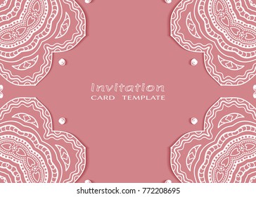 Invitation or Card template with lace mandala border, cutout paper frame element. Decorative openwork filigree art background for Wedding, Valentine's day greeting cards, Birthday Invitations