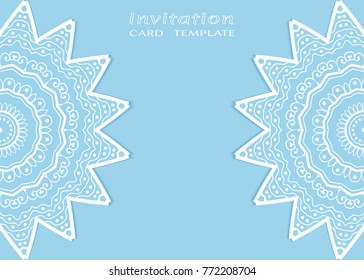 Invitation or Card template with lace mandala border, cutout paper frame element. Decorative openwork filigree art background for Wedding, Valentine's day greeting cards, Birthday Invitations