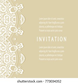 Invitation or Card template with lace mandala border, cutout paper frame element. Decorative openwork filigree art background for Wedding, Valentine's day greeting cards, Birthday Invitations