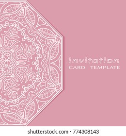 Invitation or Card template with lace mandala border, cutout paper frame element. Decorative openwork filigree art background for Wedding, Valentine's day greeting cards, Birthday Invitations