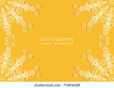 Invitation or Card template with lace mandala border, cutout paper frame element. Decorative openwork filigree art background for Wedding, Valentine's day greeting cards, Birthday Invitations