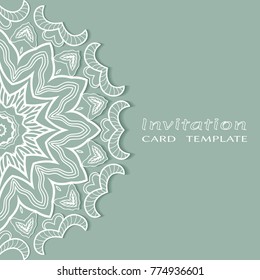 Invitation or Card template with lace mandala border, cutout paper frame element. Decorative openwork filigree art background for Wedding, Valentine's day greeting cards, Birthday Invitations