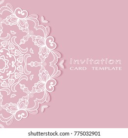 Invitation or Card template with lace mandala border, cutout paper frame element. Decorative openwork filigree art background for Wedding, Valentine's day greeting cards, Birthday Invitations