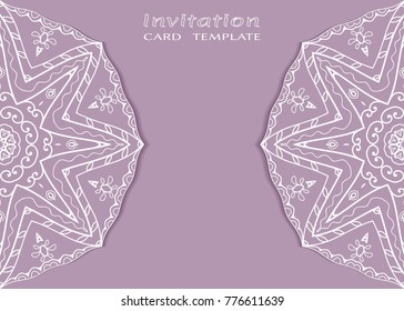 Invitation or Card template with lace mandala border, cutout paper frame element. Decorative openwork filigree art background for Wedding, Valentine's day greeting cards, Birthday Invitations