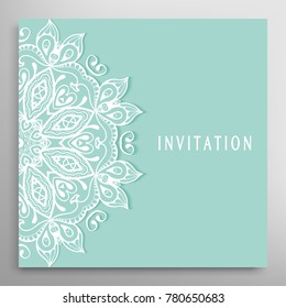 Invitation or Card template with lace mandala border, cutout paper frame element. Decorative openwork filigree art background for Wedding, Valentine's day greeting cards, Birthday Invitations