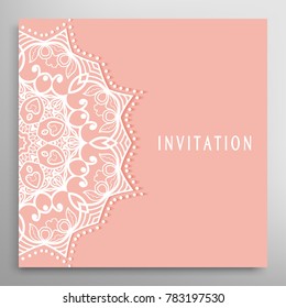 Invitation or Card template with lace mandala border, cutout paper frame element. Decorative openwork filigree art background for Wedding, Valentine's day greeting cards, Birthday Invitations