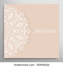 Invitation or Card template with lace mandala border, cutout paper frame element. Decorative openwork filigree art background for Wedding, Valentine's day greeting cards, Birthday Invitations