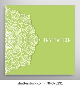 Invitation or Card template with lace mandala border, cutout paper frame element. Decorative openwork filigree art background for Wedding, Valentine's day greeting cards, Birthday Invitations
