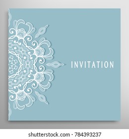 Invitation or Card template with lace mandala border, cutout paper frame element. Decorative openwork filigree art background for Wedding, Valentine's day greeting cards, Birthday Invitations