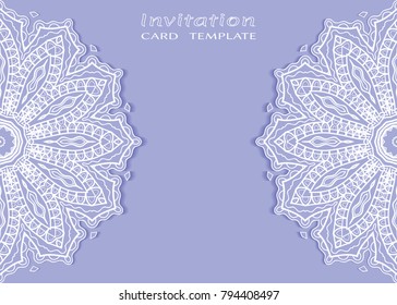 Invitation or Card template with lace mandala border, cutout paper frame element. Decorative openwork filigree art background for Wedding, Valentine's day greeting cards, Birthday Invitations